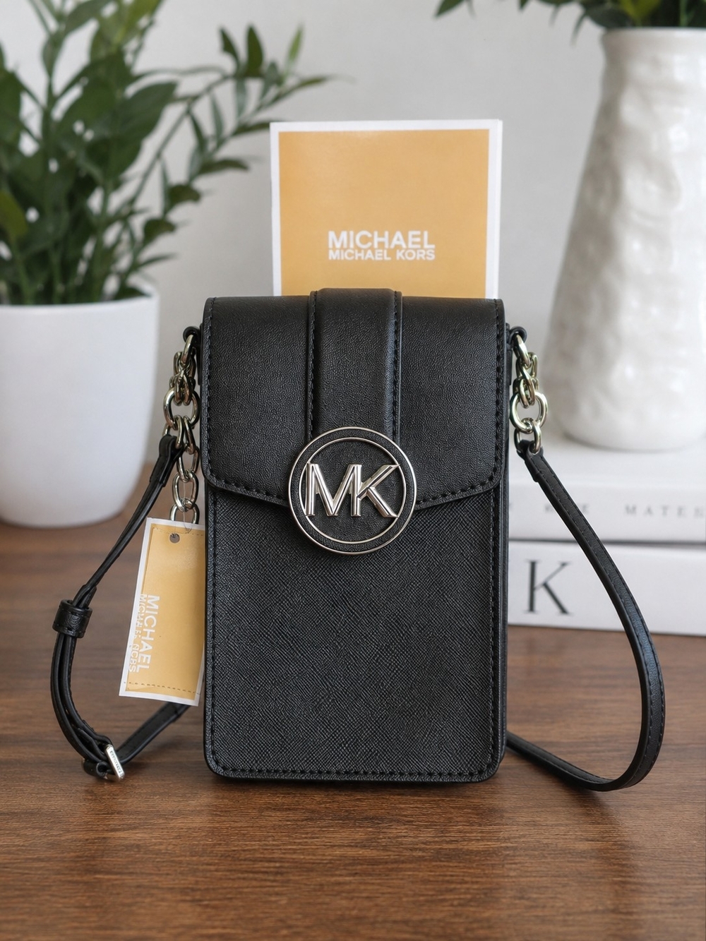 NWT Michael Kors Black Phone Crossbody Bag Silver MK Logo Chain Strap